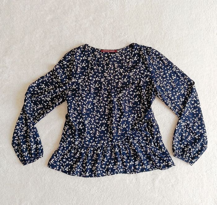 Blouse haut top cache coeur Comptoir des cotonniers 38 bleu marine et blanc ceinture assortie - photo numéro 4