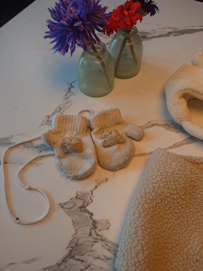 Ensemble bonnet gants chaussons écharpes nounours fille garçon bébé 3 6 mois - photo numéro 2