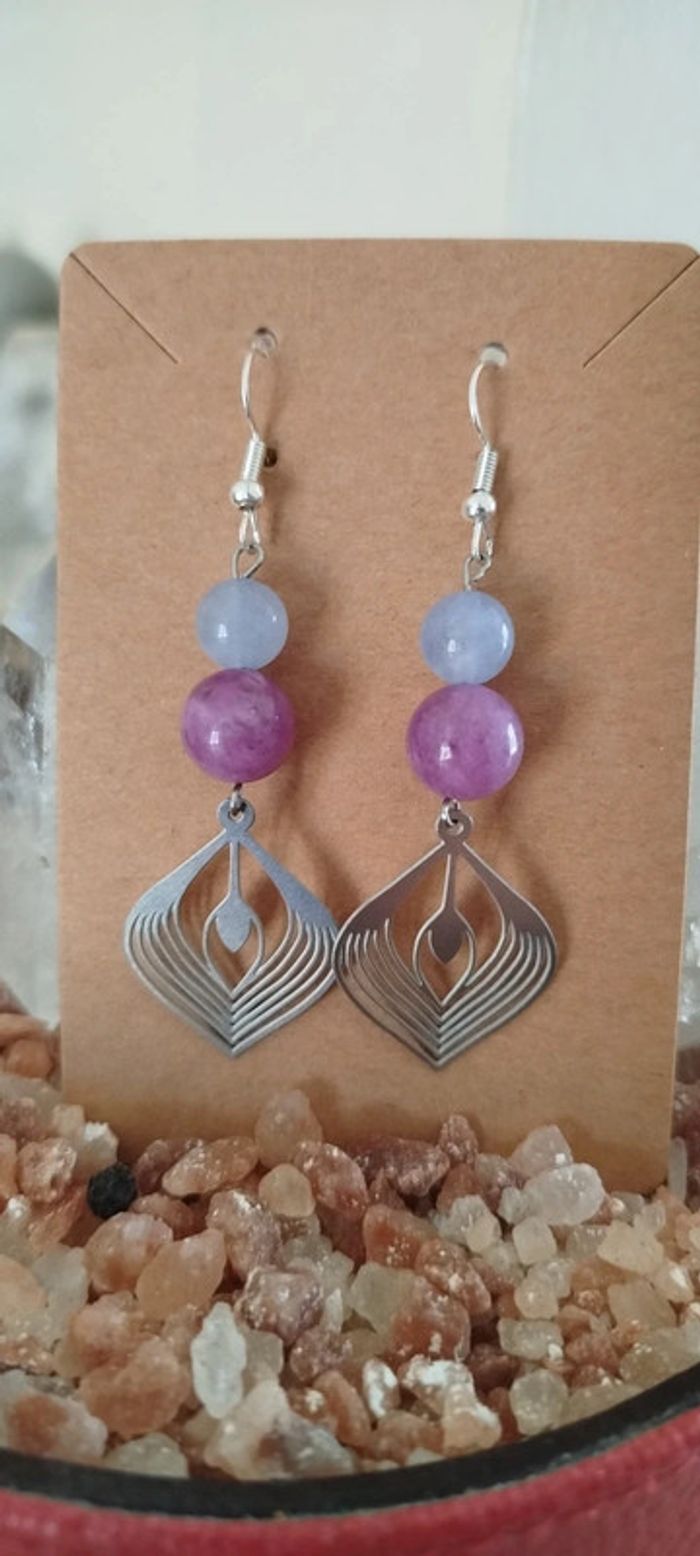 Boucles d'oreilles ''flame of life''Lepidolite et Aigue-marine - photo numéro 2