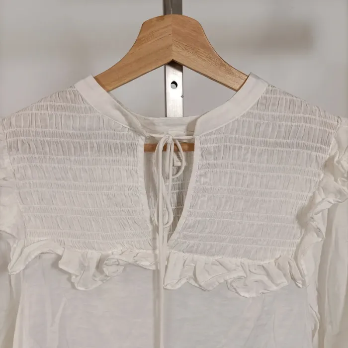 Blouse blanche à volants et smocks col rond – viscose – taille L A1010 - photo numéro 2
