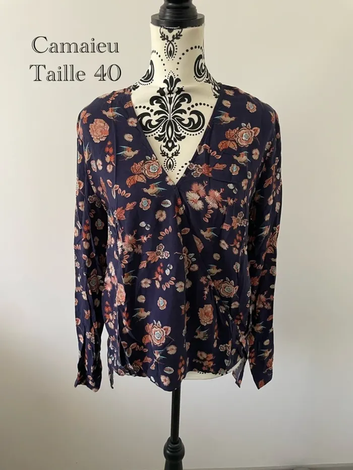 Blouse Camaieu marine à fleurs et oiseaux | Taille 40