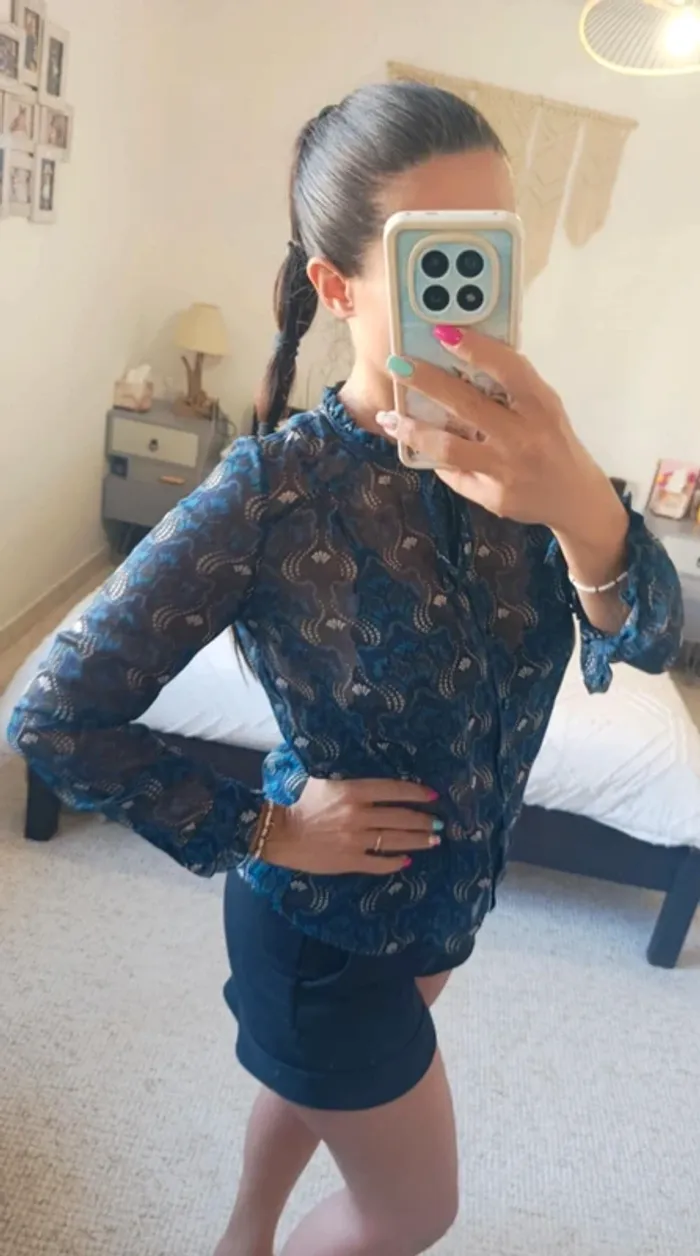 Blouse chemisier en voile transparent Naf Naf bleu vert 36 léger fluide - photo numéro 2