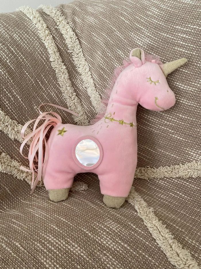 Peluche doudou d’éveil 26cm mots d’enfants licorne rose et doré parfait état - photo numéro 2