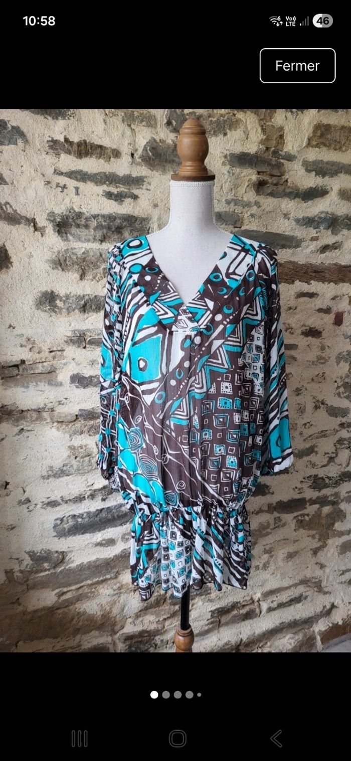 Blouse style tunique bleue turquoise marron et blanche Multiples Taille 5 ou 46 - photo numéro 2