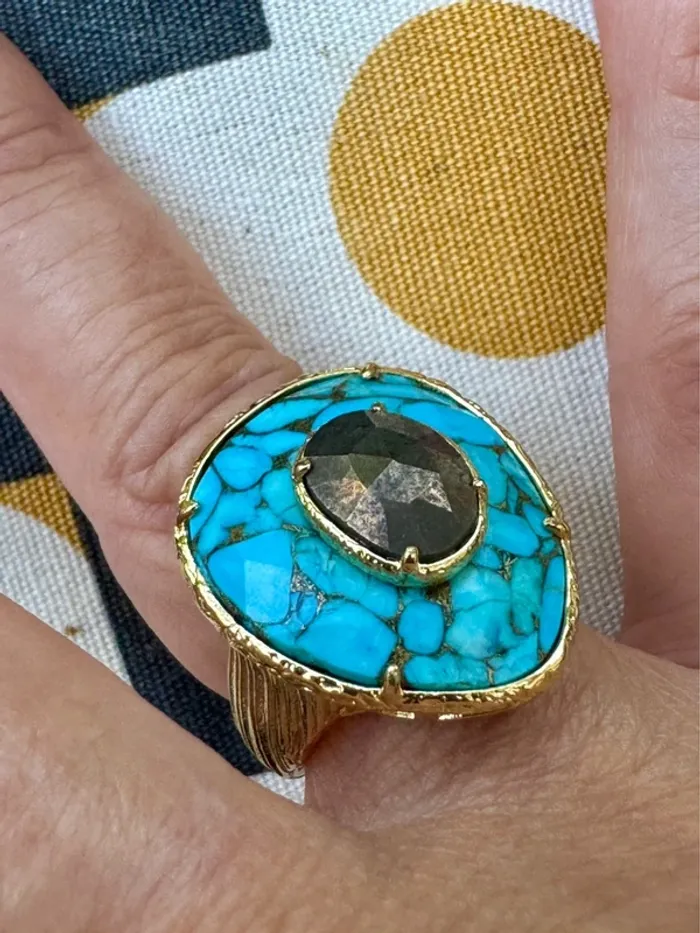 Grosse bague habaha Paris turquoise et obsidienne dorée véritables acier inoxydable or réglable - photo numéro 2