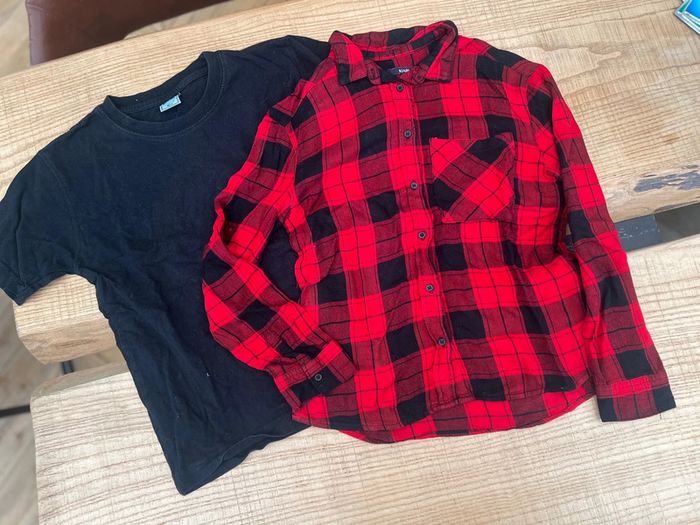 Lot garçon ensemble 10 ans t-shirt chemise manches longues rouge noir rock kiabi - photo numéro 3