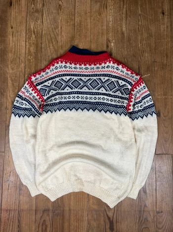 Pull long maille vintage 100% laine fait main motifs rayures crème marine rouge S