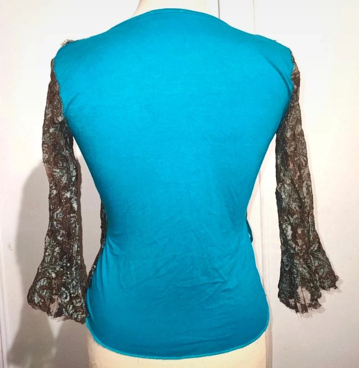 💎haut blouse cache coeur femme dentelle marron et bleu turquoise t xs 34 S 36 - photo numéro 3