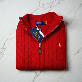 Half zip Ralph Lauren rouge 1/4 col camionneur torsadé logo brodé jaune taille L