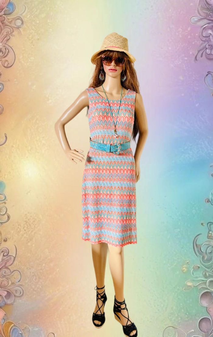 🧡🌞Robe vintage lurex hippie chic retro funky soul summer dress🌞🩵 - photo numéro 3