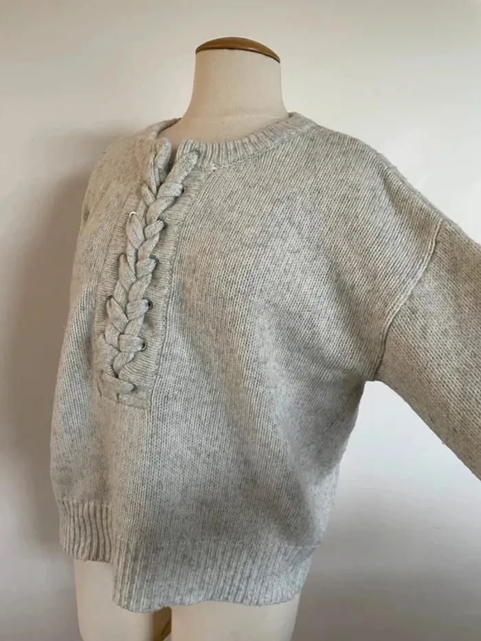 Pull gris clair laine cosy à lacets - photo numéro 2