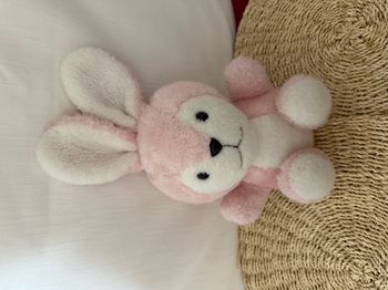 Ancienne Peluche Lapin rose blanc Ajéna 25 cm Vintage Grelot