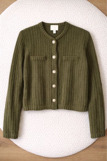 Gilet court kaki H&M maille côtelée boutons dorés – Taille S 