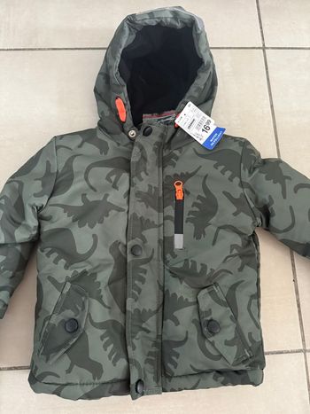 Neuf Manteau chaud polaire doudoune garçon dinosaure kaki taille 18 mois 2 ans