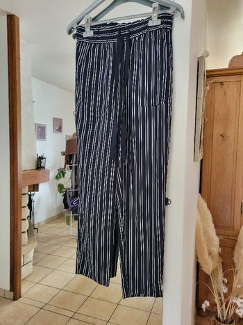Pantalon fluide marine rayé blanc XS