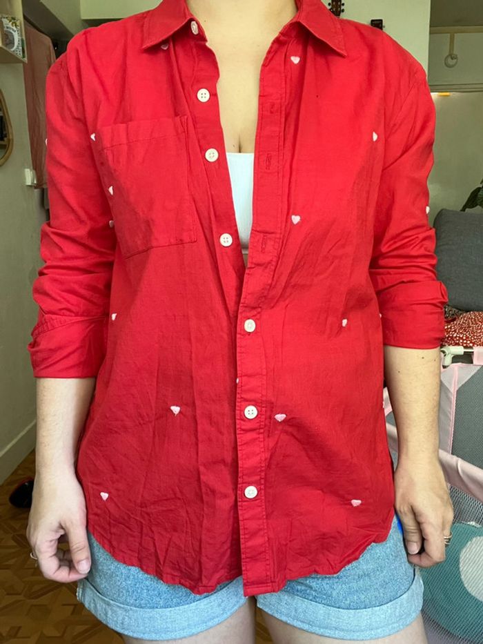 Chemise rouge cœurs roses en coton taille S - photo numéro 3