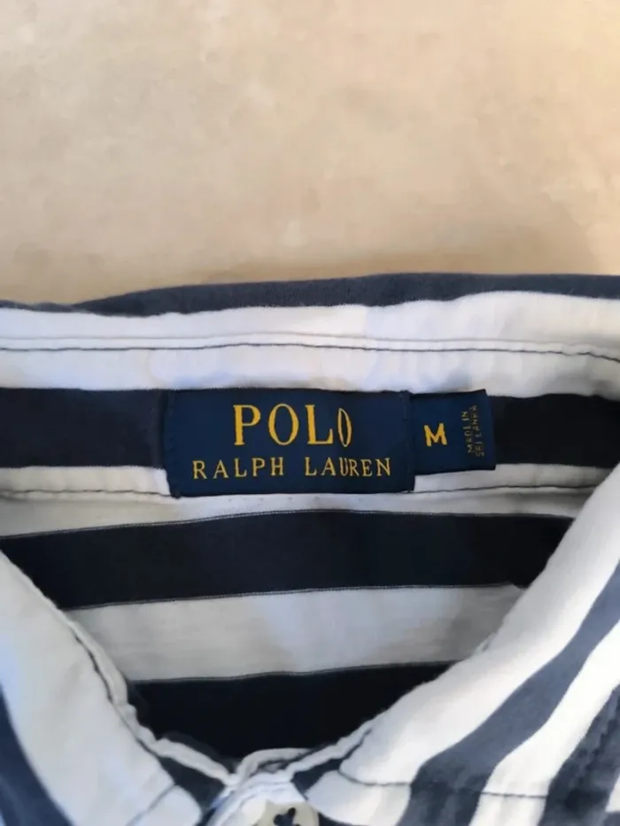 Polo Ralph Lauren homme M tissu fin rayures marine et blanche poche logo bleu ciel - photo numéro 4