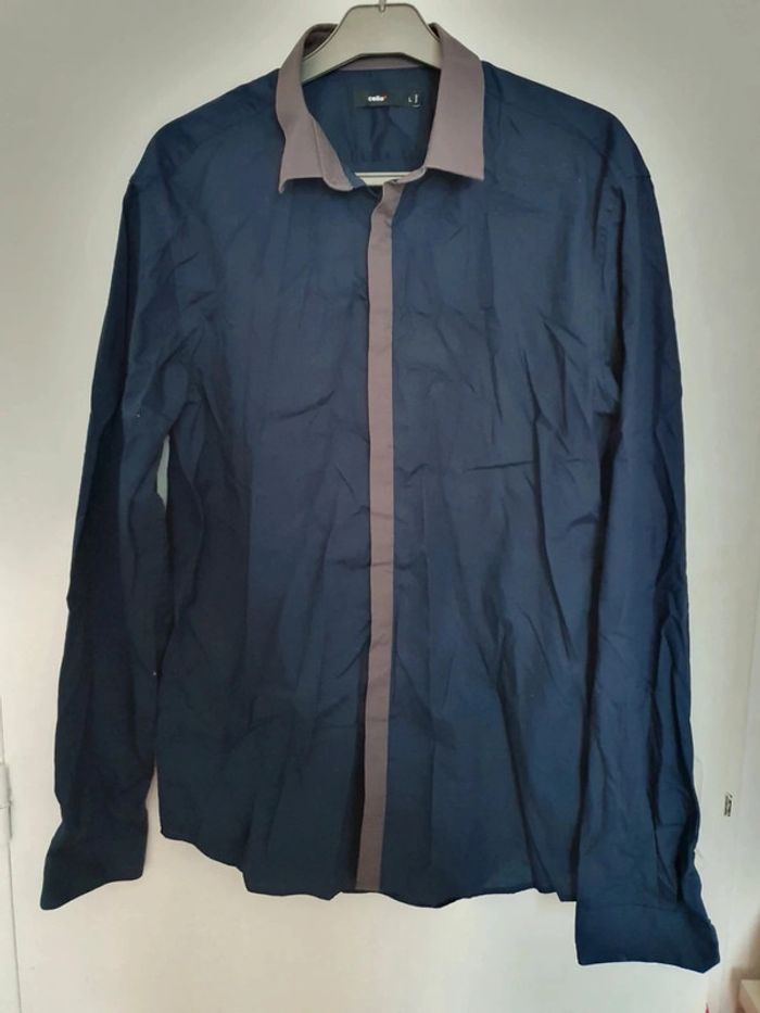 Chemise homme bleu marron celio taille L coton polyester