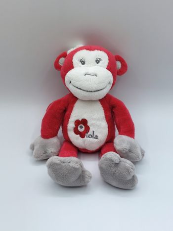 Doudou peluche singe fille rouge blanc pattes grises Arthur et Lola Bébisol