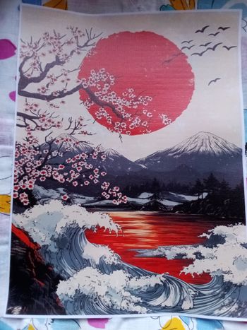 AFFICHE POSTER TOILE A3 JAPON VAGUE FLEUR DE CERISIER SOLEIL ROUGE