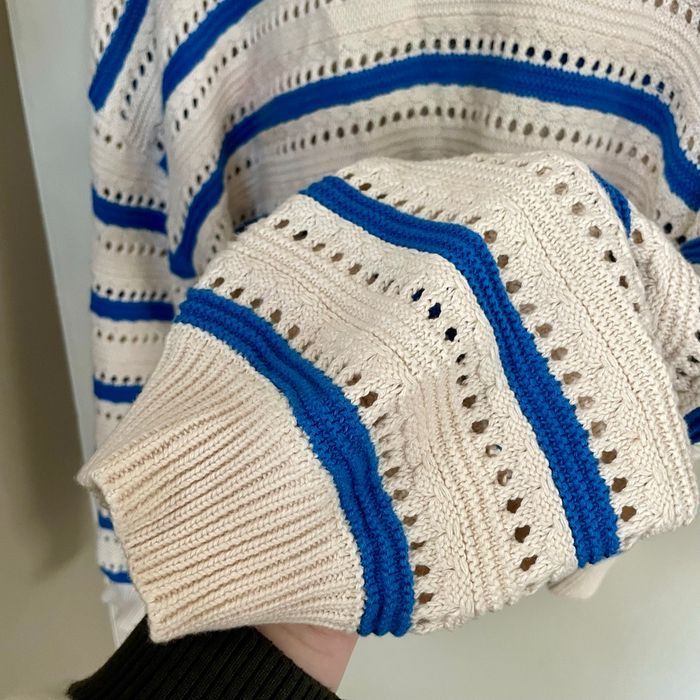 Pull ajouré coton rayé bleu blanc écru BZB taille L 100 % coton maille printemps été légère V060 - photo numéro 5