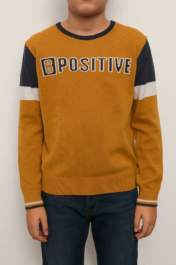 Pull unisex tex (Carrefour) Moutarde/Ocre "B Positive" - 9/10 Ans - Bon État
