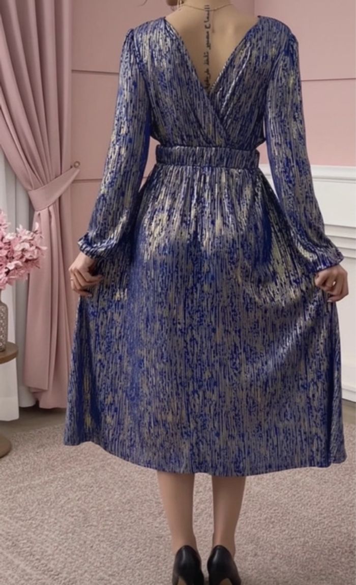 Robe fête midi élégante bleu doré – Boutique indépendante - photo numéro 3