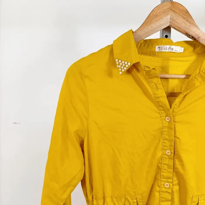 Robe chemise jaune moutarde Beauty Fashion col à strass ceinture T40 100 % polyester A1269 - photo numéro 4