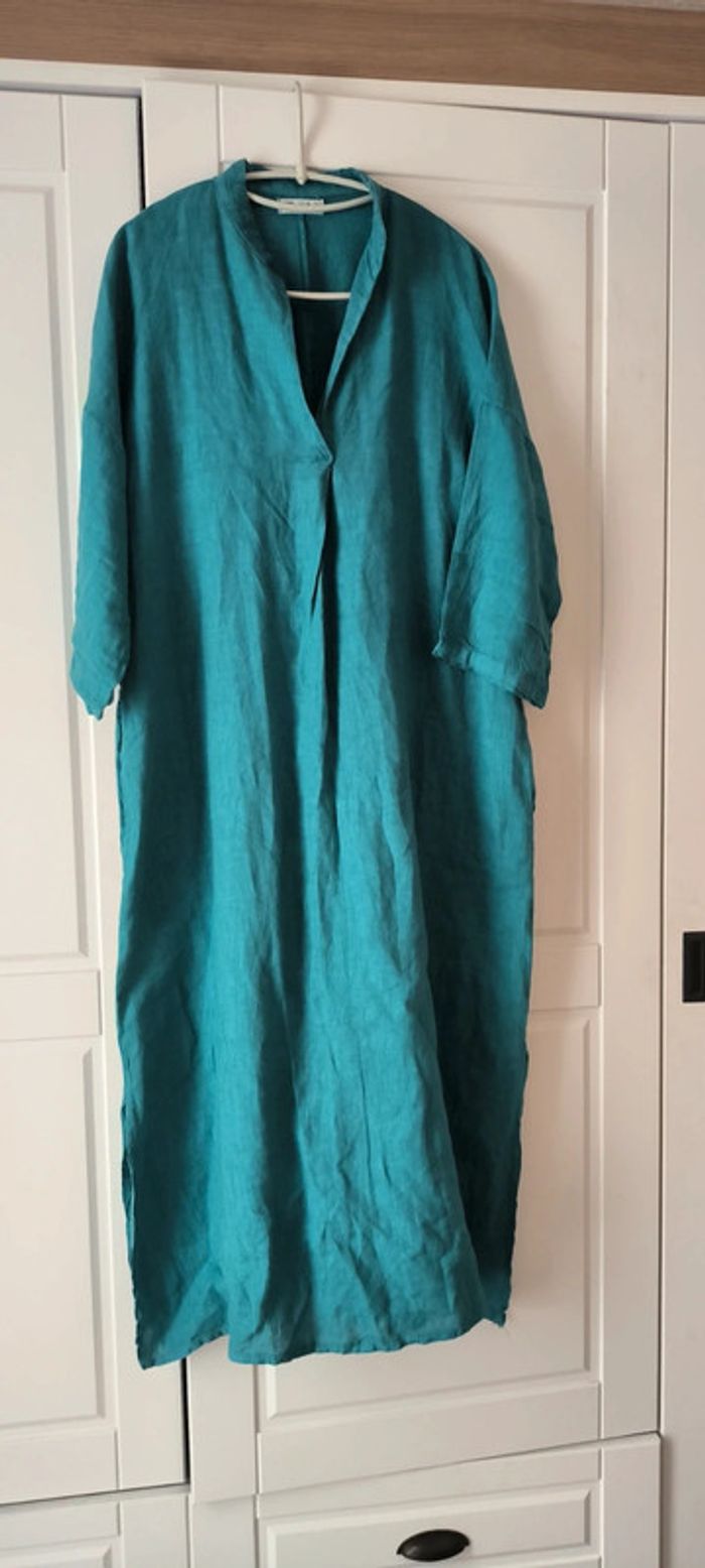 Robe longues avec fente 100% lin Bleu canard
