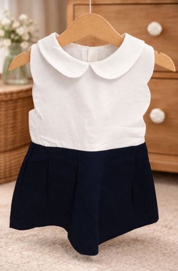 Robe bébé élégante col Claudine blanc et bleu marine – 12/18 mois