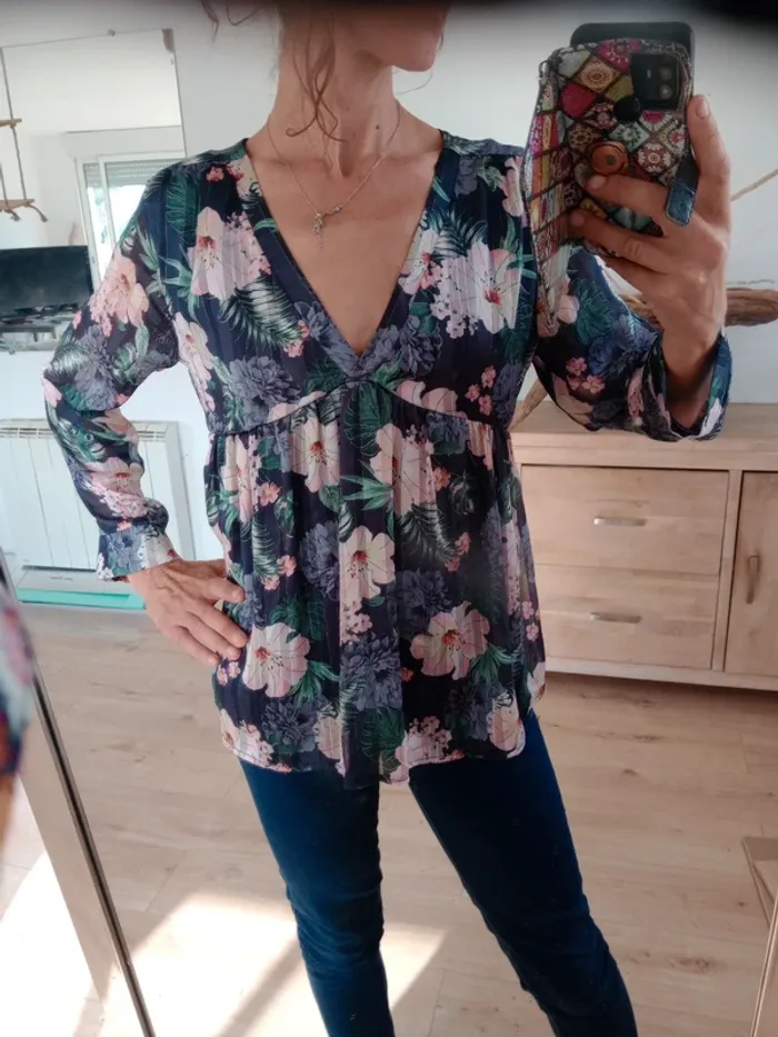 Blouse femme 40 fleurie pastel bleu marine c26 - photo numéro 2