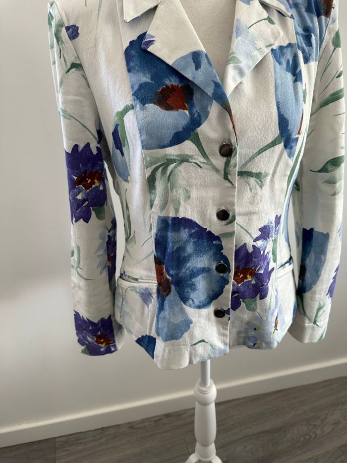 Blazer en jean denim à fleurs blanc et bleu Léa Kanth Y2K Vintage T40 L - photo numéro 3