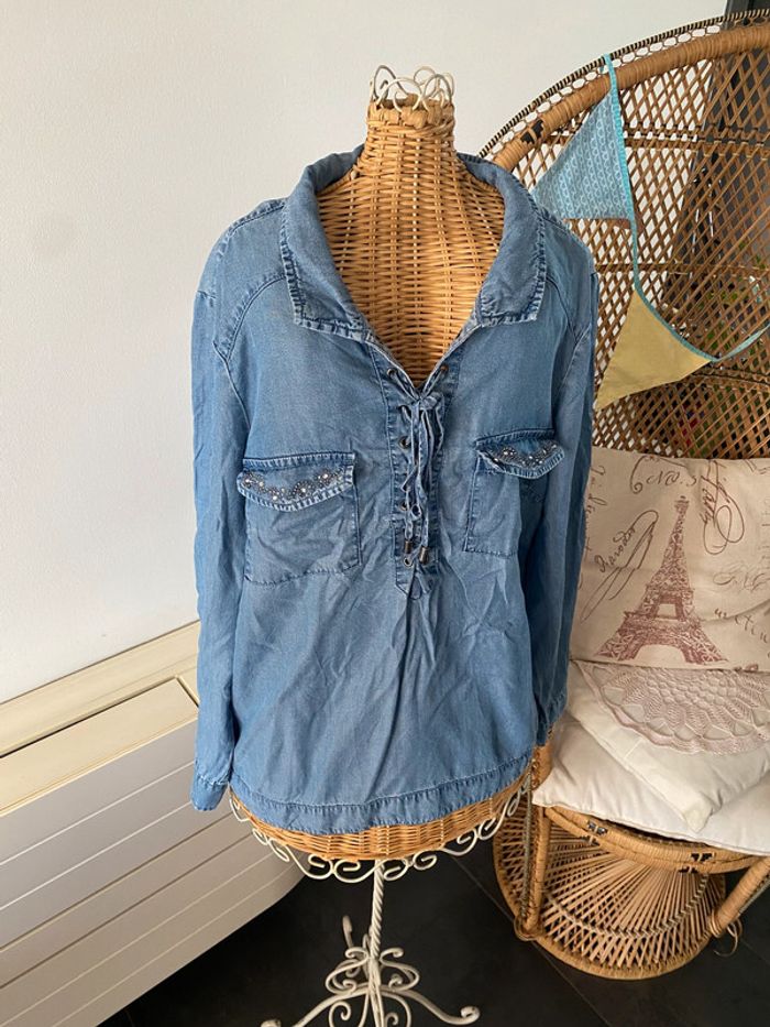 Blouse chemise jeans Bréal taille M manches longues avec strass - photo numéro 2