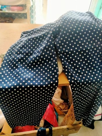 Pantalon bleu à pois blancs