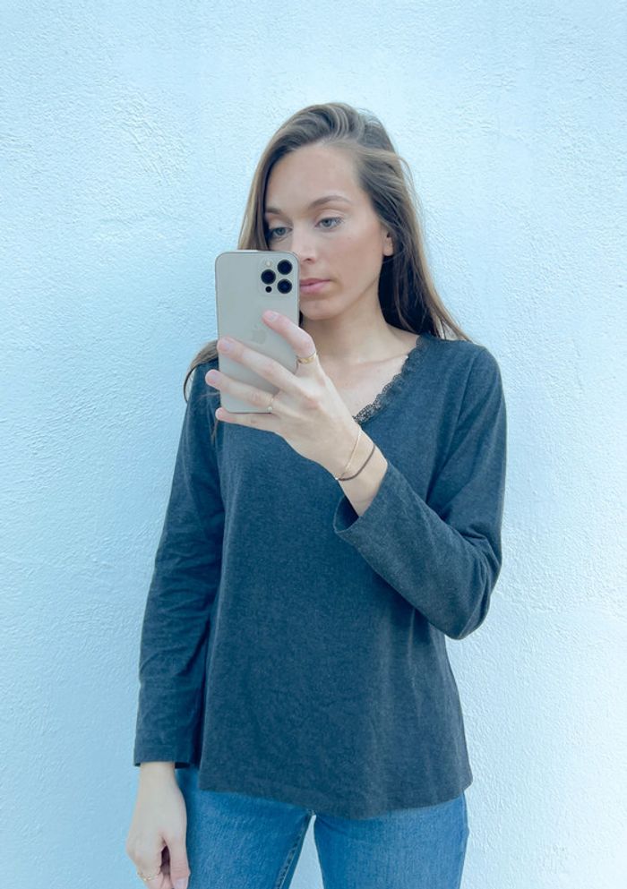 Haut manches longues gris foncé H&M avec broderie