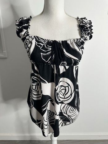 Blouse psychédélique noire et blanche Y2K Vintage T38 M