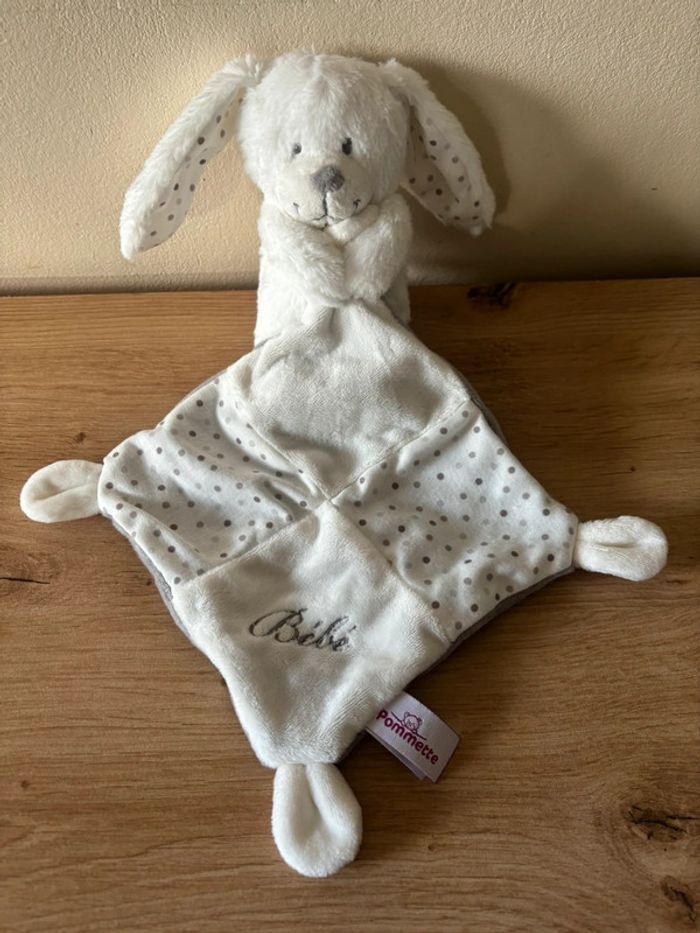 Doudou lapin blanc mouchoir bebe pois gris pommette - photo numéro 2