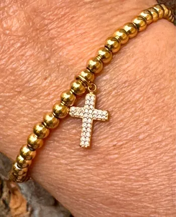 Bracelet réglable acier inoxydable or boules remplies breloque croix cristaux blancs