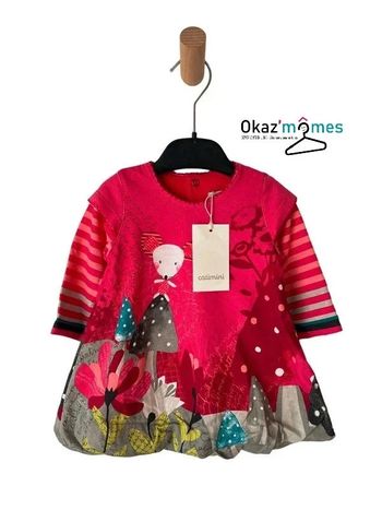 (NEUF) Robe à manches longues fuchsia imprimé souris - Catimini 6 mois (68cm)