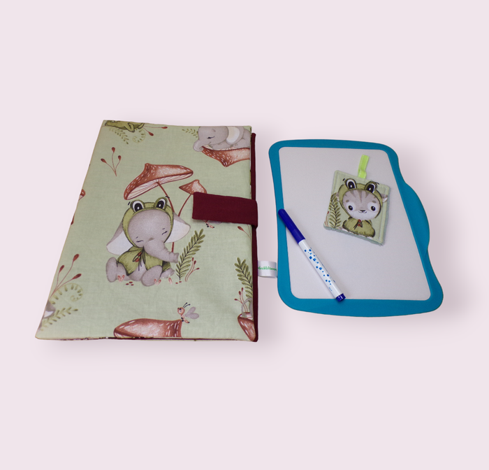 pochette range ardoise et crayons, effaceur offert, modèle animaux fond sauge