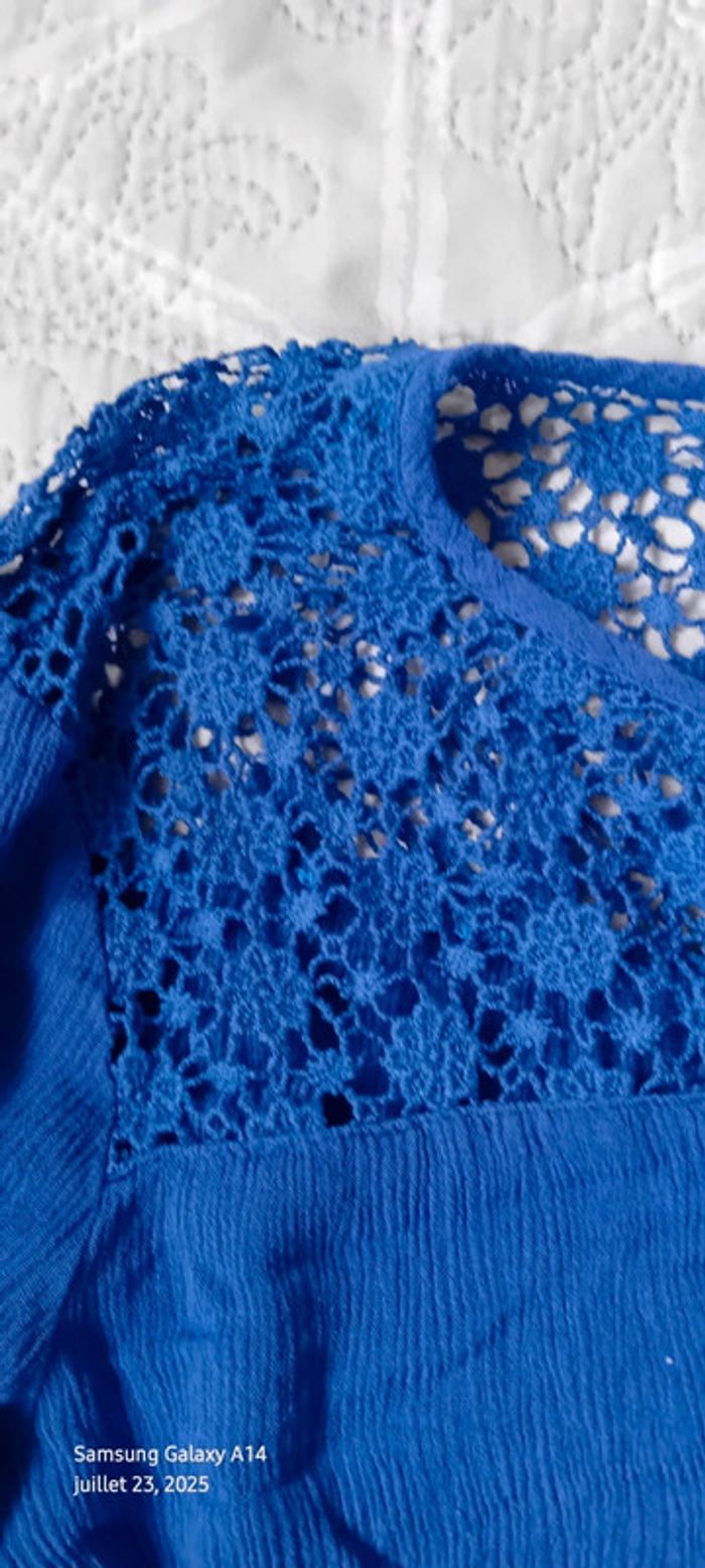 Blouse courte manches pagodes avec dentelle tissus plissé lien à pampilles bleu femme L - photo numéro 13