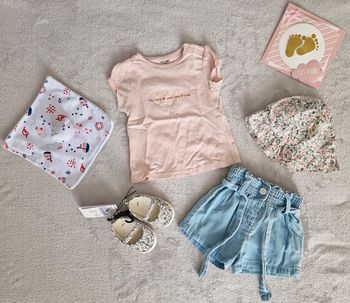 Ensemble 6M été fille kiabi (neuf) :
T-shirt + short + chapeau + chaussures