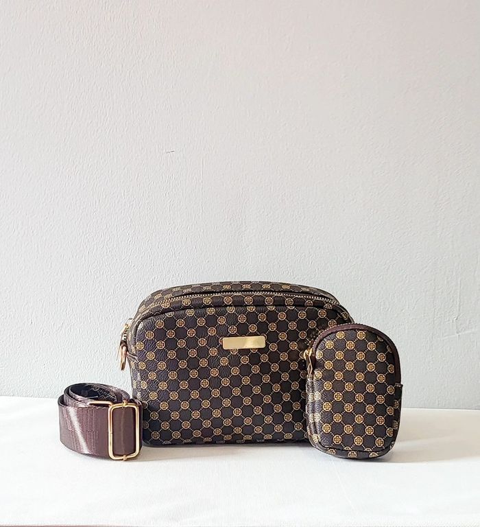 Sac bandoulière marron imprimé + mini pochette assortie - photo numéro 2