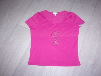 Tee shirt KOOKAI rose fuchsia sigle dollars argenté 38 TBE