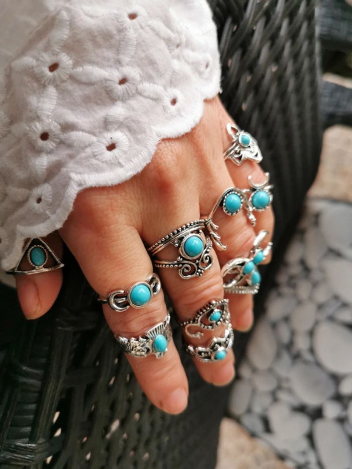 A34 lot de 11 bagues bohème vintage turquoise argenté diverses taille.neuves - photo numéro 3