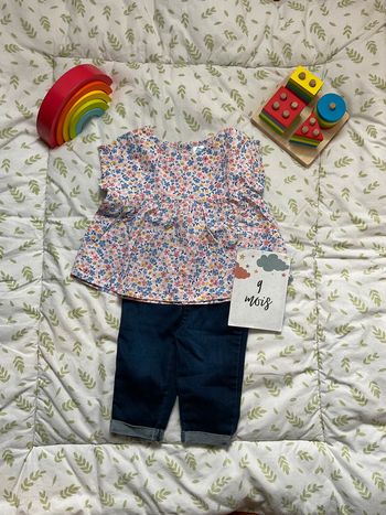 ensemble blouse fleurie manches courtes tex et legging en jean bleu orchestra 9 mois