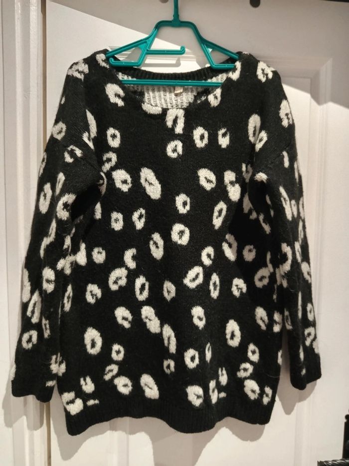 🌸 Pull d'hiver long Esprit noir imprimé léopard blanc L 40 acrylique polyester mohair elasthanne