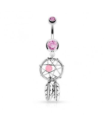 Piercing au nombril attrape rêve catcher imitation perle Double plumes rose bijou ventre acier chiru