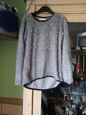 Pull gris à poil + perle