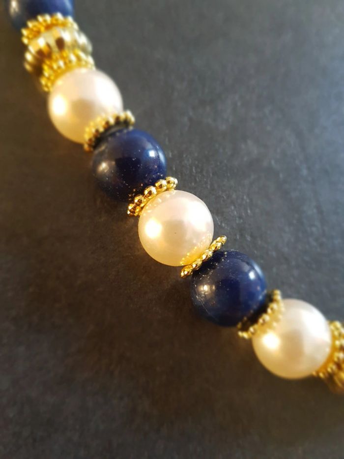 Collier boules colorid bleu ivoire or - photo numéro 2